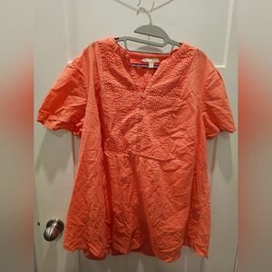 Woman Within 1X 22/24 Coral Cotton Pintuck Tunic Top Short Sleeve Blouse
